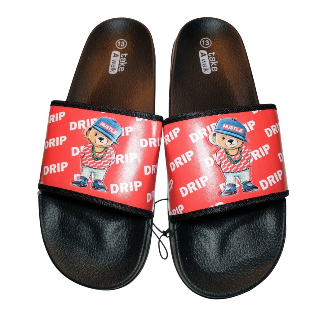 Mens Hip-Hop Drip Bear Slides Red Black Streetwear Comfort Sandals Size 13 NEW